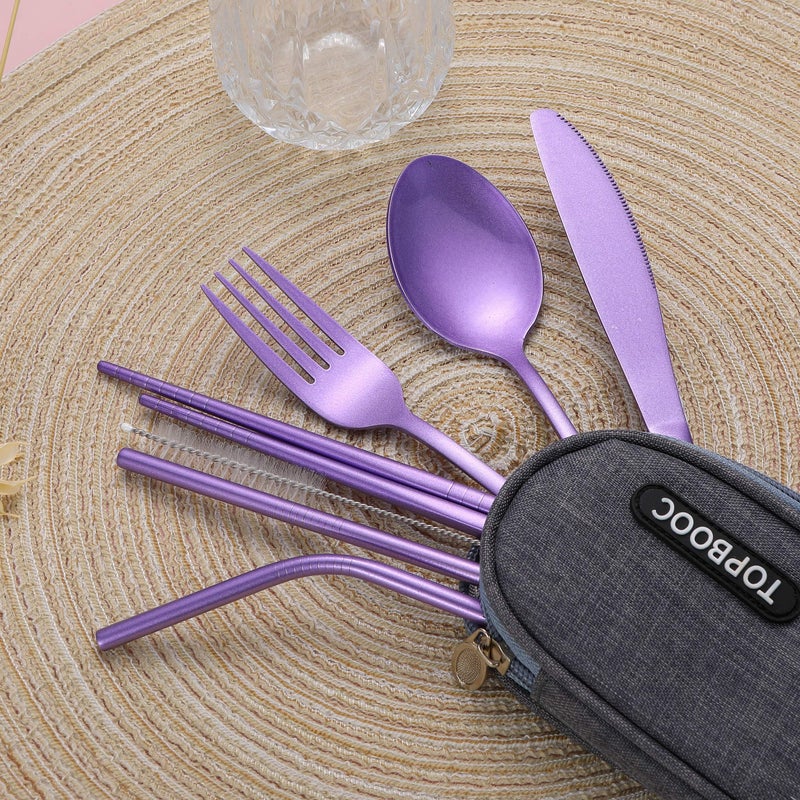 Topbooc Portable Stainless Steel Flatware Set, Travel Camping Cutlery Set, Portable Utensil Travel Silverware Dinnerware Set with a Waterproof Case (Light Purple) - Image 2
